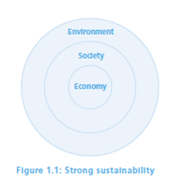 Diagram showing economy as a subset of society, and society as a subset of environment. 